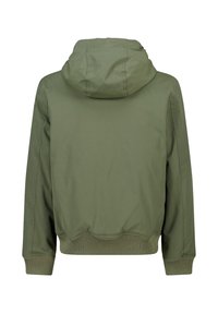 Olive green hooded jacket with ribbed cuffs and waistband, shown from the back on a white background.