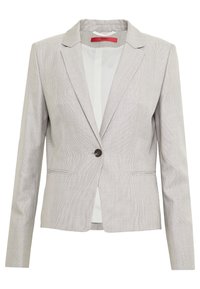 Blazer gris clair en tissu texturé, avec une fermeture à un bouton, des revers crantés et des poches latérales. L'intérieur présente une doublure blanche.