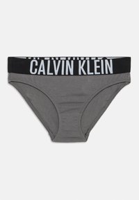 Szürke pamut bikini alsó, széles fekete derékpánttal, amelyen fehér színben a "Calvin Klein" logó található. Egyszerű dizájn, sima textúrával.
