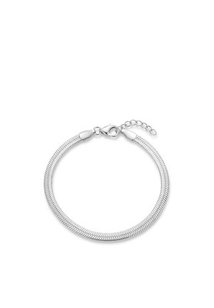 Bracelet chaîne serpent ton argent avec fermoir mousqueton et chaîne d'extension réglable sur fond blanc.