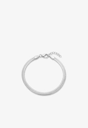 Bracelet chaîne serpent ton argent avec fermoir mousqueton et chaîne d'extension réglable sur fond blanc.