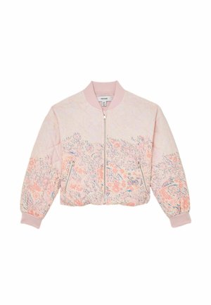 Hellrosa gesteppte Bomberjacke mit pastellfarbenem Blumenmuster, geripptem Kragen und Bündchen, Frontreißverschluss und Reißverschlusstaschen an den Seiten.