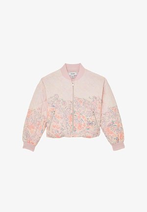 Giacca bomber trapuntata rosa chiaro con motivo floreale pastello, colletto e polsini a costine, cerniera frontale e tasche laterali con zip.