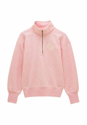 Sweat-shirt rose à fermeture éclair quart, avec poignets et ourlet côtelés, détail matelassé aux épaules et petit logo circulaire brodé sur la poitrine.