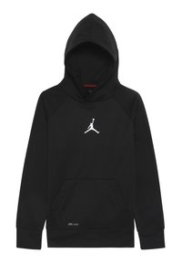 Černá mikina s kapucí vyrobená z měkkého materiálu, s přední kapsou, bílou grafickou logem a textem "DRI-FIT" na lemu.