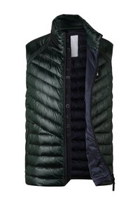 Dunkelgrüne, gesteppte, ärmellose Steppweste mit hohem Kragen, schwarzem Innenfutter und teilweise offenem Vorderreißverschluss, der Details im Inneren zeigt.