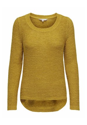 Pull à manches longues jaune moutarde avec un col rond, en tissu tricoté texturé et un ourlet incurvé. Coutures visibles au niveau des poignets et de l'ourlet.