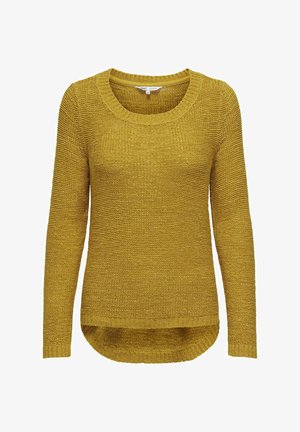 Pull à manches longues jaune moutarde avec un col rond, en tissu tricoté texturé et un ourlet incurvé. Coutures visibles au niveau des poignets et de l'ourlet.