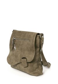 Olivgrüne Kunstleder-Crossbody-Tasche mit einer vorderen Reißverschlusstasche, einem magnetischen Druckknopfverschluss und einem verstellbaren Schulterriemen. Glatte Textur, minimalistisches Design.