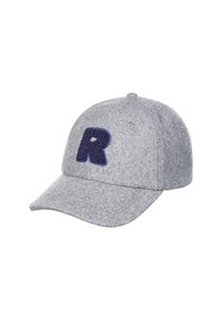Graue Wollbaseballmütze mit gebogenem Schirm und einem gestickten dunkelblauen Buchstaben "R" auf der Vorderseite. Strukturiertes Gewebe mit Nähdetails.