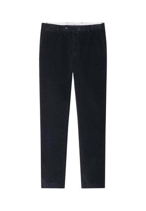 Pantalones de pana azul marino con corte recto, que cuentan con un cierre frontal de botón, bolsillos estándar y un tejido acanalado texturizado.