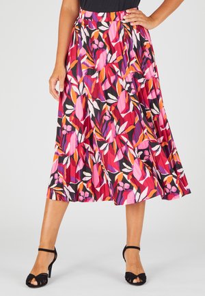 Gonna a campana di lunghezza media in rosso, rosa e nero con un motivo floreale; realizzata in tessuto leggero; presenta un design plissettato e una vita elasticizzata.