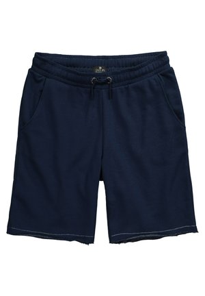 Navyblauwe katoenen shorts met een elastische tailleband, trekkoord en zijzakken; heeft een iets rafelige zoom en een zachte textuur.