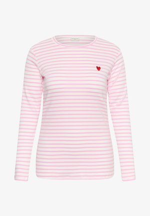 Long-sleeve white shirt with horizontal pink stripes and a small red heart embroidered on the left chest.