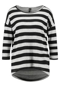 Czarny i szary w paski długi rękaw top wykonany z miękkiego materiału. Posiada okrągły dekolt i zaokrąglony dół, co zapewnia swobodny krój.