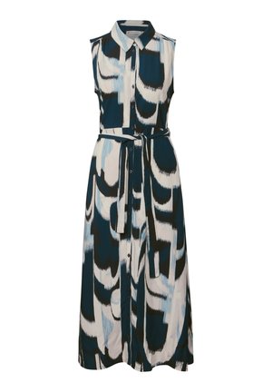 Robe sans manches avec un imprimé abstrait bleu, blanc et noir ; elle présente un col, une fermeture à boutons à l'avant et une ceinture en tissu à la taille.