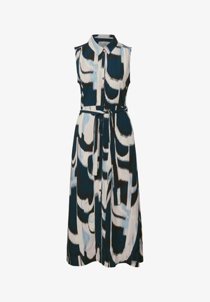 Robe sans manches avec un imprimé abstrait bleu, blanc et noir ; elle présente un col, une fermeture à boutons à l'avant et une ceinture en tissu à la taille.