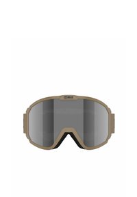 Maschera da sci Bliz tan e nera con lenti grigie riflettenti e una montatura ampia progettata per una copertura completa degli occhi.