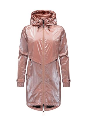 Jachetă waterproof de culoare roz aurie, cu închidere prin fermoar, glugă ajustabilă și buzunare laterale. Dispune de o textură elegantă, strălucitoare și un croi ușor mai lung.