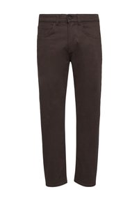 Schokoladenbraune Chinos mit fünf Taschen, Knopfverschluss an der Vorderseite, geradem Beinaufbau und weichem Stoffgefühl. Glatte Oberfläche ohne sichtbare Muster.