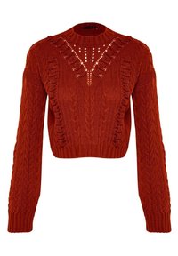 Pull court en maille torsadée orange rouille avec manches longues et motif ajouré décoratif sur la poitrine et les épaules.