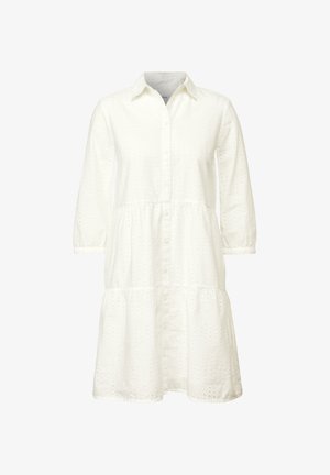 White, knee-length dress with a button-down front, collared neckline, and three-quarter sleeves. Eyelet pattern throughout. Flared skirt.