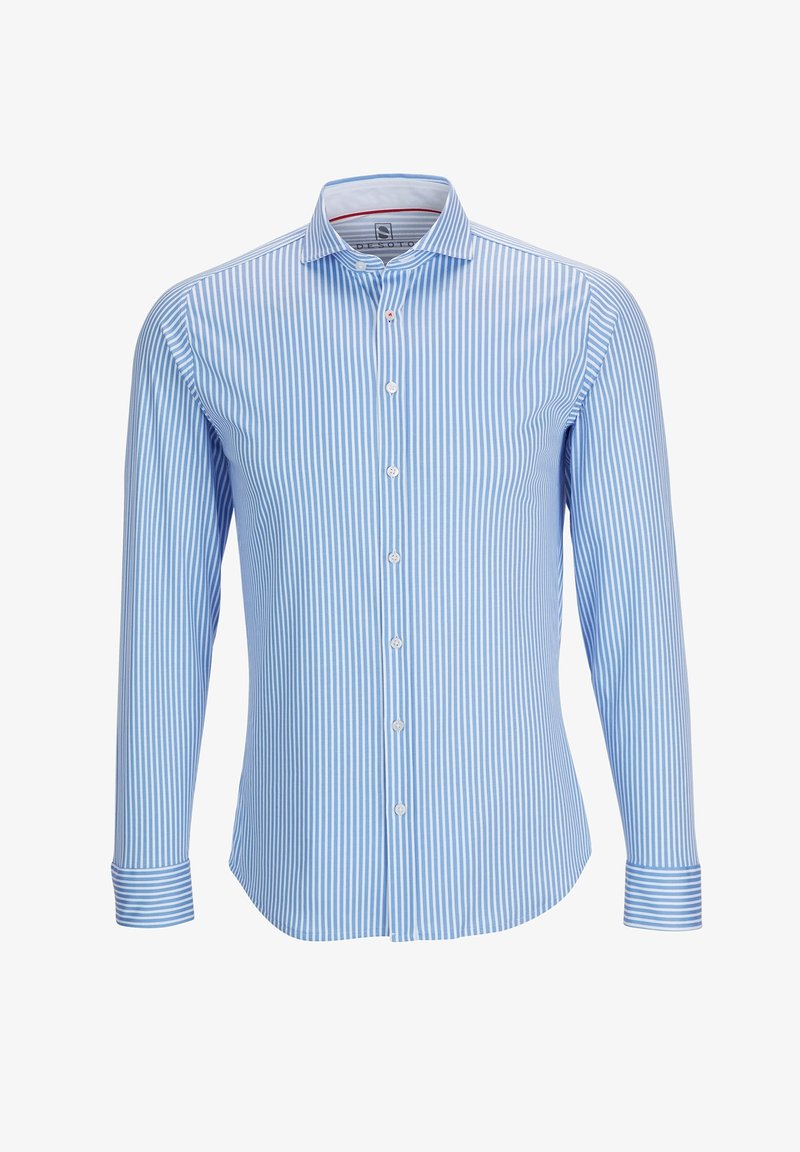 Light blue and white striped long-sleeve shirt with a button-down collar, front buttons, and contrasting cuff stripes. Cotton blend material.