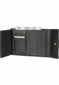 Portafoglio in pelle nera con più slot per carte, una tasca per la carta d'identità in rete e un compartimento per contanti, caratterizzato da una texture liscia e una chiusura a scatto sicura.