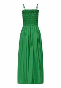 Robe maxi verte sans manches avec corsage smocké et fines bretelles réglables, jupe fluide, détails de boutons à l'avant.