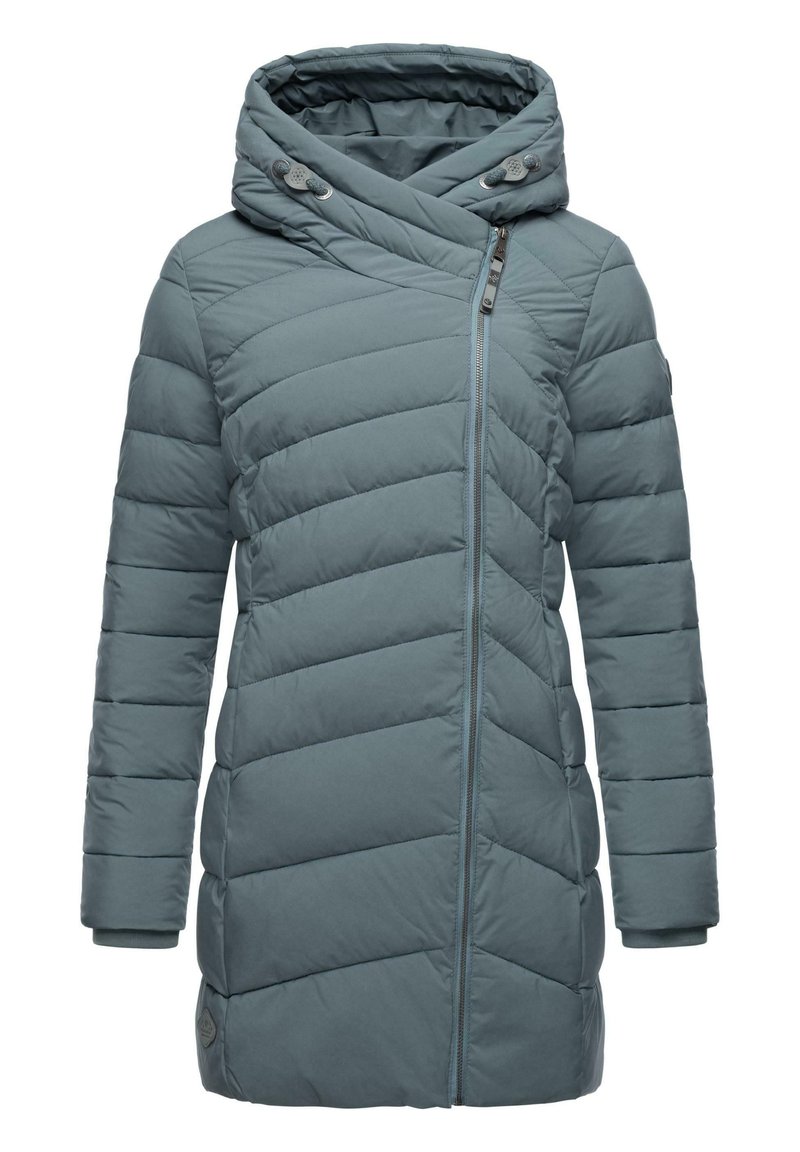 Padded jacket v tlmenej teal farbe s tunelovou kapucňou, diagonálnym prešívaním, predným zipsom a tesnými manžetami. Obsahuje dve bočné vrecká.