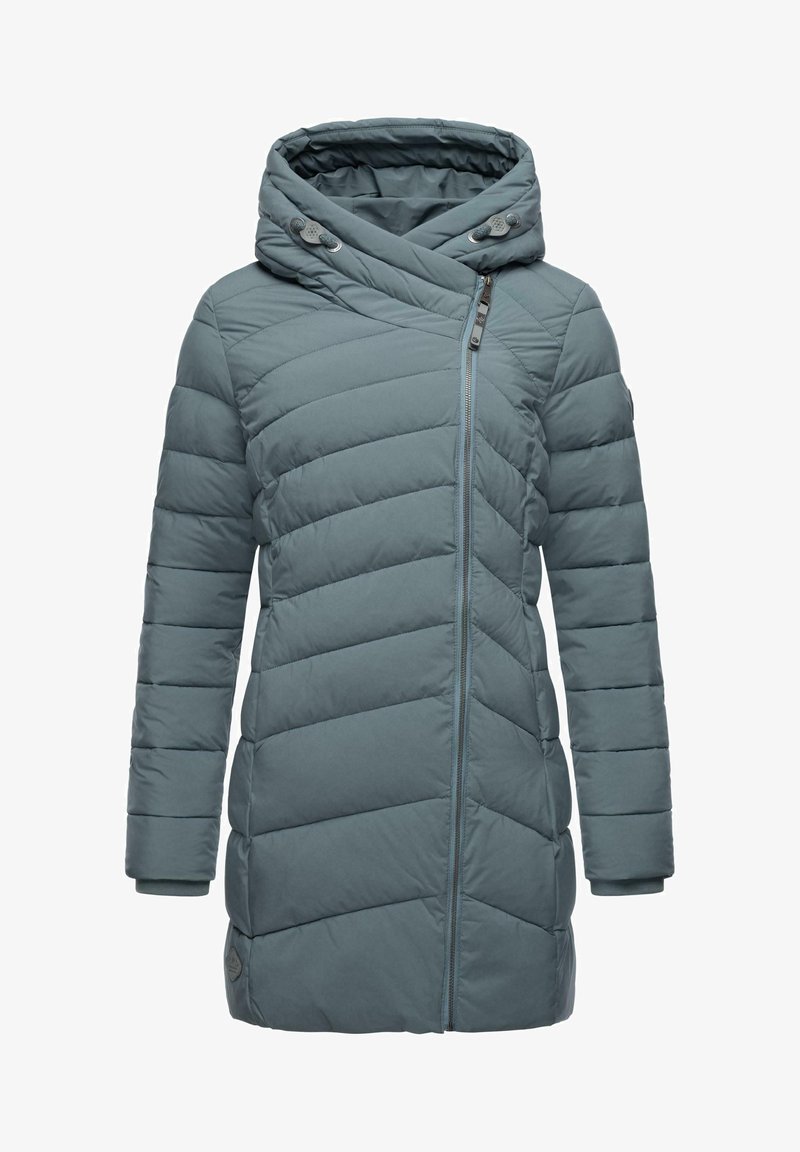 Kapuzenjacke in gedämpftem Türkis mit einem Trichterkragen, diagonaler Naht, Frontreißverschluss und engen Bündchen. Verfügt über zwei Seiten Taschen.