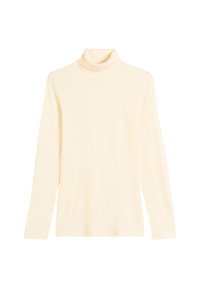 Light cream turtleneck sweater made from soft fabric, featuring long sleeves and a fitted silhouette with a high collar.