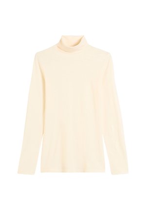 Helle cremefarbene Rollkragenpullover aus weichem Stoff, mit langen Ärmeln und einer figurnahen Silhouette sowie einem hohen Kragen.