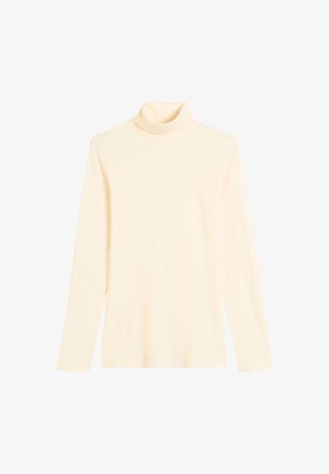 Helle cremefarbene Rollkragenpullover aus weichem Stoff, mit langen Ärmeln und einer figurnahen Silhouette sowie einem hohen Kragen.