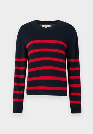 Marineblauer Strickpullover mit horizontalen roten Streifen, rundem Ausschnitt und gerippten Bündchen. Ärmel in mittlerer Länge mit geradem Saum.