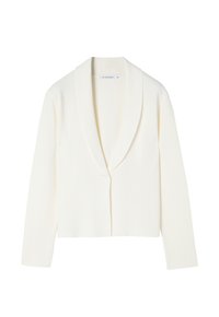 Cardigan bianco corto realizzato in tessuto morbido, con colletto sciallato, maniche lunghe e chiusura con un singolo bottone davanti.