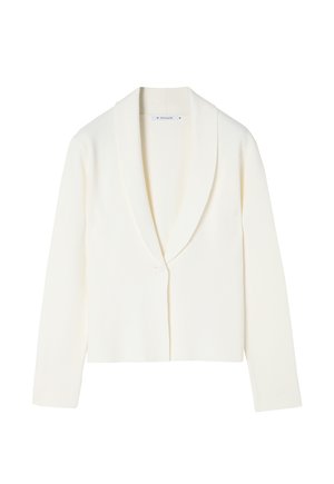 Valge lühikeste varrukate cardigan, mis on valmistatud pehmest kangast, omades šalli kraed, pikki varrukaid ja ühtainus nööbi kinnitust ees.