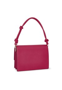 Magenta leather handbag with a structured shape, featuring a knotted handle, gold-tone hardware, and a textured finish.