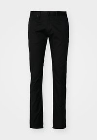 Black trousers made of smooth fabric, featuring a straight leg design, front pockets, and a button closure at the waist.