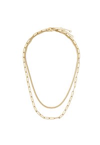 Złocona warstwowa naszyjnik składający się z trzech łańcuszków: płaskiego łańcuszka typu paperclip, delikatnego łańcuszka z okrągłymi ogniwami oraz łańcuszka z małymi okrągłymi koralikami.