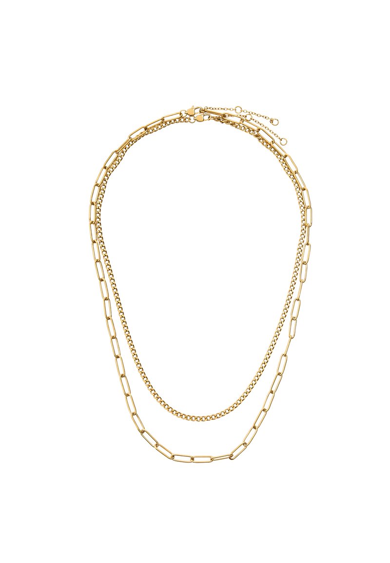 Złocona warstwowa naszyjnik składający się z trzech łańcuszków: płaskiego łańcuszka typu paperclip, delikatnego łańcuszka z okrągłymi ogniwami oraz łańcuszka z małymi okrągłymi koralikami.