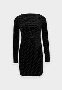 Rochie lungă cu mâneci lungi din catifea neagră, cu model de buline argintii, croială ajustată și detalii adunate la nivelul decolteului.