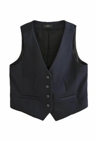 Marineblauw, op maat gemaakt vest met een V-hals, zes knopen, twee voorzakken en een gestructureerde stof. Gevoerd interieur in een contrasterende kleur.
