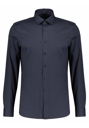 Camicia da uomo a maniche lunghe di colore blu navy scuro, con chiusura a bottoni e colletto classico, mostrata su sfondo bianco.