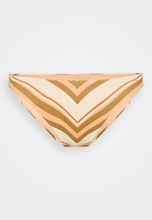 Bikini donji dio s chevron uzorkom u bež, narančastoj i smeđoj boji. Izrađen od mekog materijala s glatkom teksturom i elastičnim pojasom.