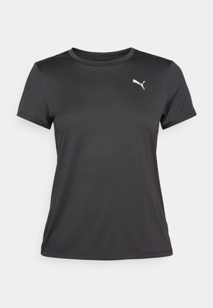 T-shirt de sport noir en tissu lisse et léger. Doté d'un col rond et d'un logo Puma blanc sur le côté gauche de la poitrine.
