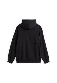 Černá mikina s kapucí, směs bavlny, volný střih, Hladké manžety a lem, hladký povrch, minimalistický design, bez viditelných log nebo vzorů.