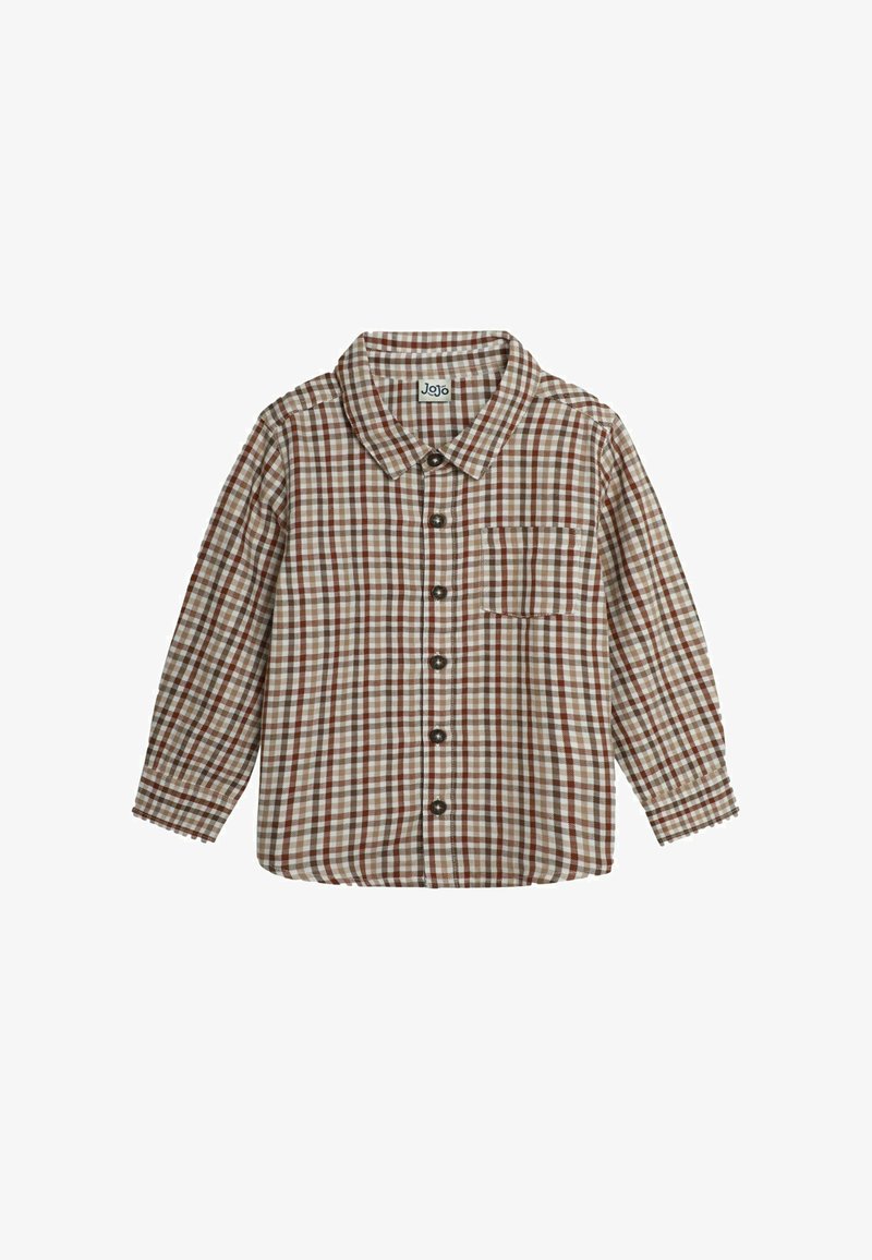 Camicia a quadri marrone e bianca con colletto, maniche lunghe e taschino sul petto. Presenta bottoni marroni e una trama morbida.