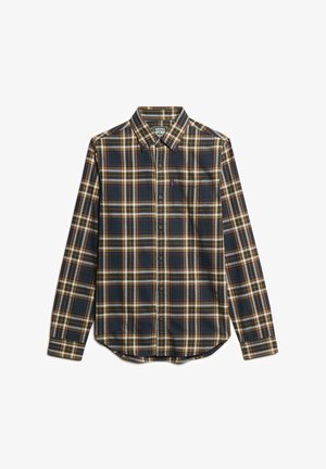 Camisa de cuadros abotonada en tonos verde oscuro, navy y marrón. Presenta un cuello de punta, mangas largas, bolsillo en el pecho y dobladillo redondeado.