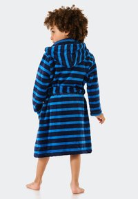 Blau- und marineblau gestreifter, gefütterter Bademantel aus weichem, strukturiertem Material, mit einem Bindegurt und langen Ärmeln, von hinten betrachtet.